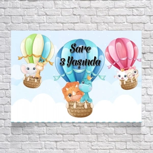 Gökyüzünde Balonda Uçan Sevimli Hayvanlar Teamlı Doğum Günü Afişi 50X70 cm
