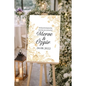 Gold Çiçekli gold Detaylı Düğün, Nişan ve Söz Karşılama Panosu – 50x70 cm
