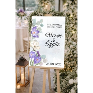 Mor Yeşil Çiçekli Düğün, Nişan ve Söz Karşılama Panosu – 50x70 cm