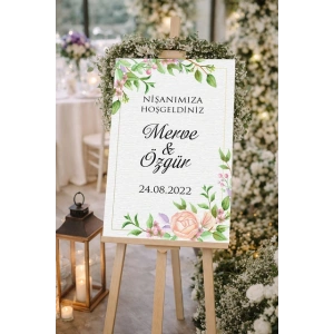 Yeşil Dallı Çiçekli Düğün, Nişan ve Söz Karşılama Panosu – 50x70 cm