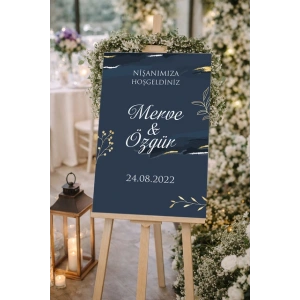 Mavi Gold Detay Çiçekli Düğün, Nişan ve Söz Karşılama Panosu – 50x70 cm