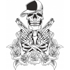 Güllü İskelet ve Silahlar Sticker 10x10 cmRenkli Sticker