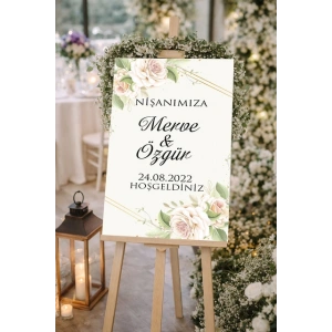 Krem Sade Çiçekli Düğün, Nişan ve Söz Karşılama Panosu – 50x70 cm