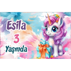 Hediye ve Unicorn Temalı Doğum Günü Afişi 50X70 cm