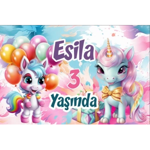 Hediyeler ve Unicornlar Temalı Doğum Günü Afişi 50X70 cm