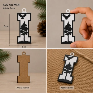 I Harf Yılbaşı Süsü – MDF Çam Ağacı Desenli Asılabilir Dekor (5x5 cm)