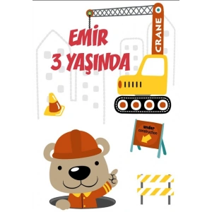 İnşaat ve Sevimli Hayvanlar Temalı Doğum Günü Afişi - 35x50 Cm