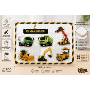 İş Makineleri Ahşap Yapboz Puzzle Oyunu – 30x20 cm Beyaz MDF Eğitici Çocuk Puzzle
