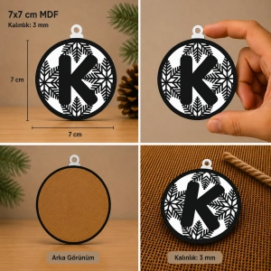 K Harf Yılbaşı Süsü – MDF Çam Ağacı Desenli Asılabilir Dekor (7x7 cm)
