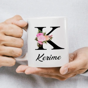 K Harfi Çiçekli İsme Özel Kupa