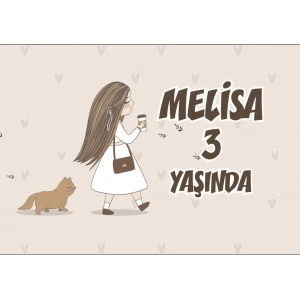 Kahve İçen Kız Kedi Temalı Doğum Günü Afişi 50X70 cm