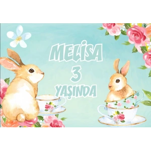 Çiçek ve Tavşan Temalı Doğum Günü Afişi 100X150 cm