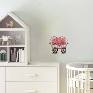 Kalpli ve Çiçekli Pembe El Arabası Duvar Stickerı