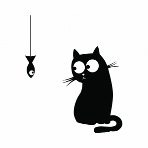 Kedi ve Balık Buzdolabı Stickerı – Siyah Siluet Tasarım 17x17cm