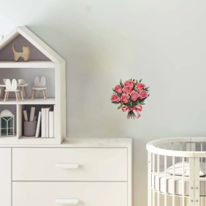 Kırmızı Kurdeleli Pembe Gül Buketi Duvar Stickerı