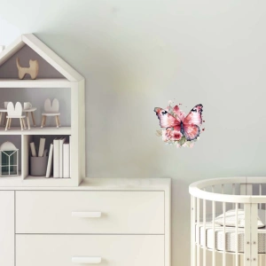 Kırmızımsı Pembe Kelebek ve Çiçekler Duvar Stickerı
