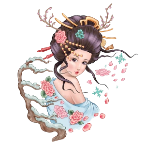 Kış Çiçekleri ve Ağaç Dalları ile Japon Kadını