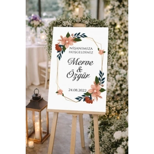 Krem Çiçekl ve Çerçeveli  Düğün, Nişan ve Söz Karşılama Panosu – 50x70 cm