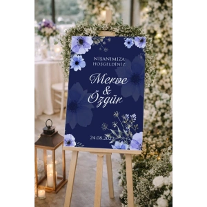 Mor Çiçekli  Düğün, Nişan ve Söz Karşılama Panosu – 50x70 cm