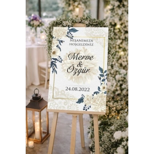 Krem Beyaz Çiçekli Düğün, Nişan ve Söz Karşılama Panosu – 50x70 cm