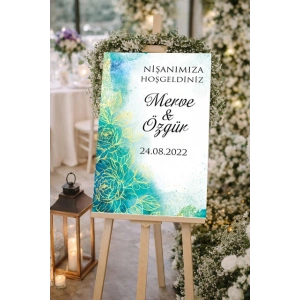 Mavi Gold Detay Çiçekli Düğün, Nişan ve Söz Karşılama Panosu – 50x70 cm