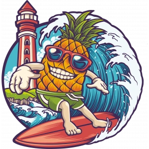 Sörf yapan ananas Sticker 10x10 cmRenkli Sticker