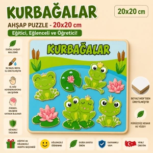Kurbağalar Ahşap Puzzle - Eğitici ve Öğretici Okul Öncesi Zeka Oyunu (20x20 cm)