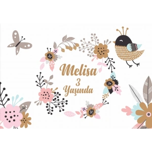 Kuş ve Çiçek Temalı Doğum Günü Afişi 100X150 cm
