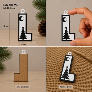 L Harf Yılbaşı Süsü – MDF Çam Ağacı Desenli Asılabilir Dekor (5x5 cm)