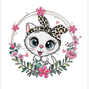 Leopar Bandanalı Kedi Çiçek Çerçeveli Duvar Stickerı