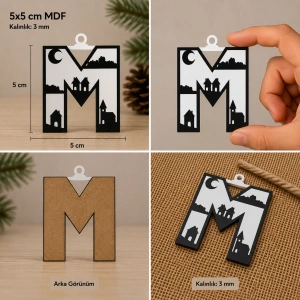 M Harf Yılbaşı Süsü – MDF Çam Ağacı Desenli Asılabilir Dekor (5x5 cm)