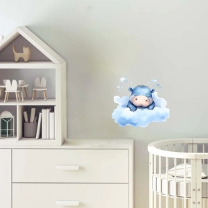 Mavi Bulutlar Arasında Uyuyan Sevimli Su Aygırı Duvar Çıkartması