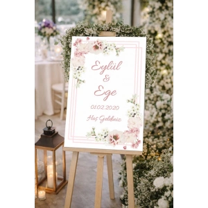 Pembe Güllü Düğün, Nişan ve Söz Karşılama Panosu – 50x70 cm