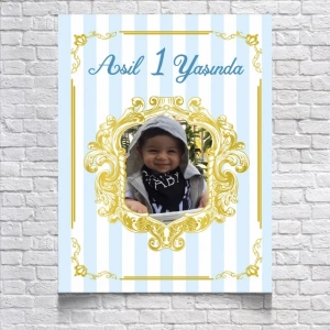 Mavi Çizgili Doğum Günü Afişi Resimli 35x50 Cm