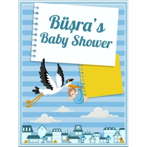 Mavi Çizgili Leylek Temalı Baby Shower Afişi 35x50 Cm