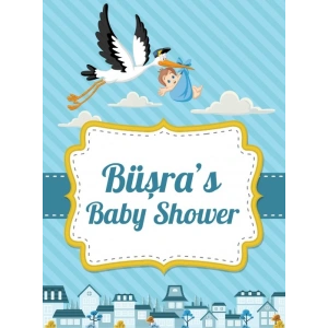 Mavi Çizgili Leylek Temalı Baby Shower Afişi 70x100 Cm