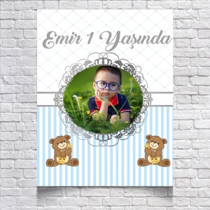 Mavi Çizgili Sevimli Ayıcıklı Doğum Günü Afişi 50X70 cm