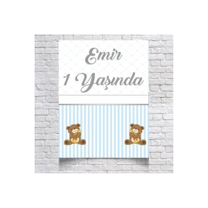 Mavi Çizgili Sevimli Ayıcıklı Doğum Günü Afişi 50X70 cm