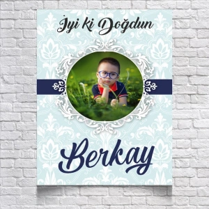 Mavi Damask Desenli Doğum Günü Afişi Resimli 50x70 Cm