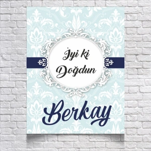 Mavi Damask Desenli Doğum Günü Afişi 50x70 Cm