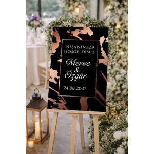 Siyah Rose Gold Detaylı Düğün, Nişan ve Söz Karşılama Panosu – 50x70 cm