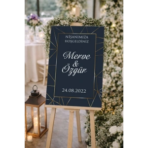 Mavi Üzerine Gold Çerçeveli  Düğün, Nişan ve Söz Karşılama Panosu – 50x70 cm