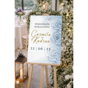 Mavi Güllü Düğün, Nişan ve Söz Karşılama Panosu – 50x70 cm