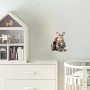 Mavi Kıyafetli ve Çantalı Tavşan Duvar Stickerı