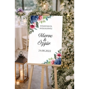 Mavi ve Pembe Güllü Düğün, Nişan ve Söz Karşılama Panosu – 50x70 cm