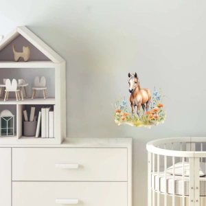 Mavi ve Turuncu Çiçekli At Yavrusu Duvar Stickerı