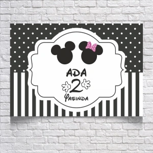 Mickeyli Siyah Çizgili Doğum Günü Afişi 100X150 cm