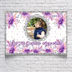 Mor Çiçek Temalı Doğum Günü Afişi 35X50 cm