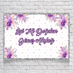 Mor Çiçekli Doğum Günü Afişi 50X70 cm