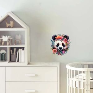 Mor ve Turuncu Çiçek Taçlı Panda Duvar Stickerı